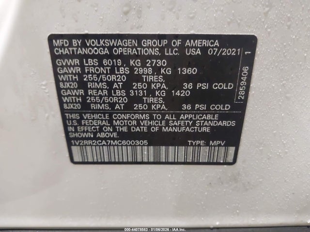Продаж на аукціоні авто 2021 Volkswagen Atlas 3.6l V6 Se W/technology R-line, vin: 1V2RR2CA7MC600305, номер лоту: 44078583