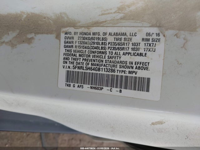 5FNRL5H64GB113286 Honda Odyssey Ex-l