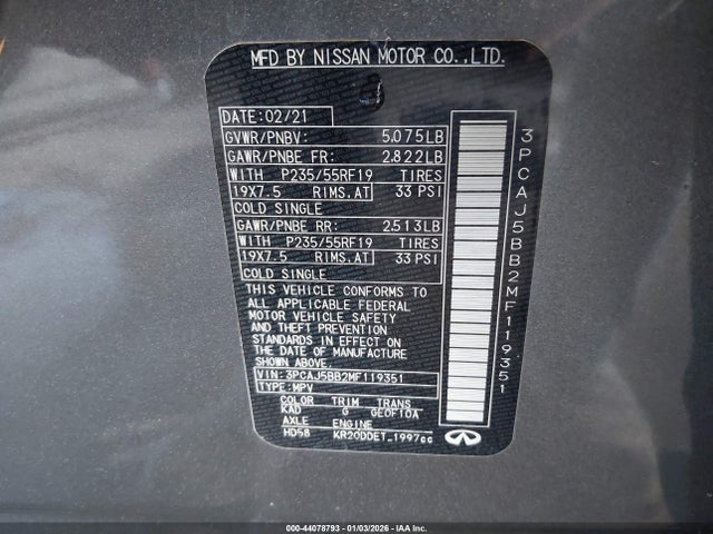 3PCAJ5BB2MF119351 Infiniti Qx50 Luxe Awd