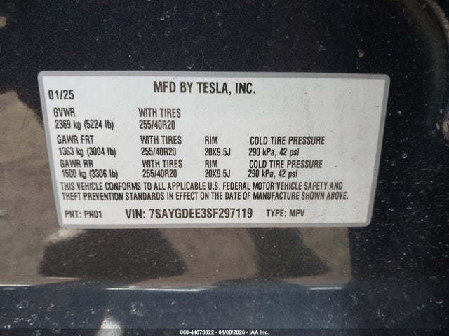 Продаж на аукціоні авто 2025 Tesla Model Y Long Range Dual Motor All-wheel Drive, vin: 7SAYGDEE3SF297119, номер лоту: 44078822
