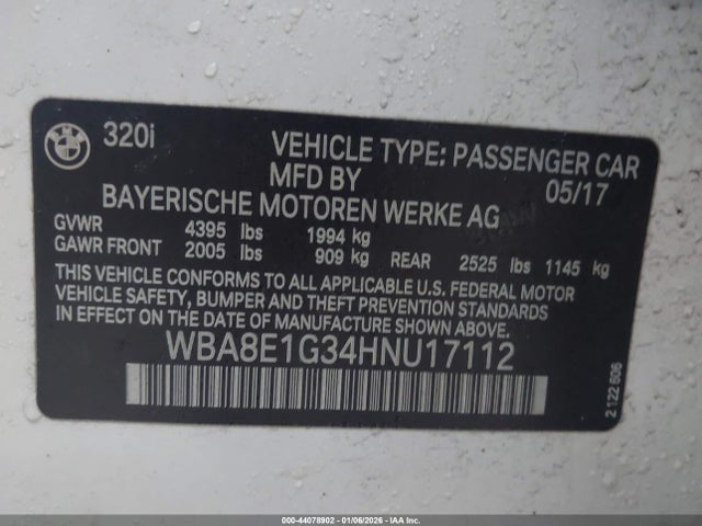 Продаж на аукціоні авто 2017 Bmw 320i, vin: WBA8E1G34HNU17112, номер лоту: 44078902