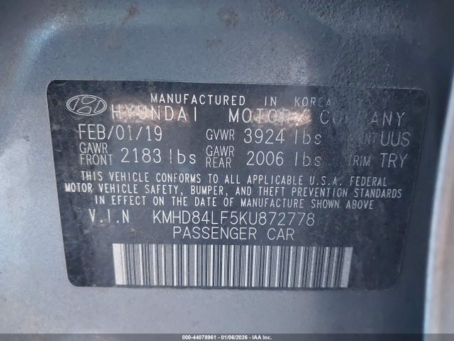 KMHD84LF5KU872778 Hyundai ELANTRA SEL