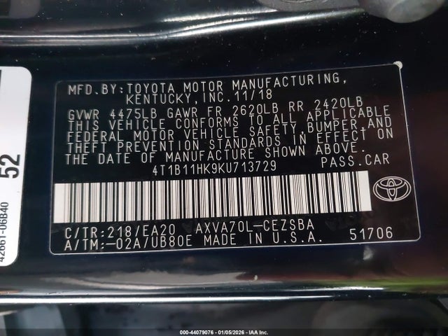 4T1B11HK9KU713729 Toyota CAMRY SE