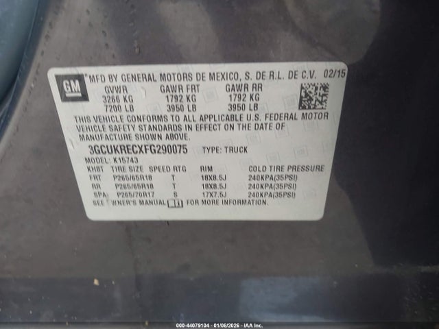 44079104 :رقم المزاد ، 3GCUKRECXFG290075 vin ، 2015 Chevrolet Silverado 1500 1lt مزاد بيع