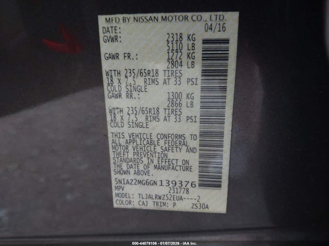 5N1AZ2MG6GN139376 Nissan MURANO SL