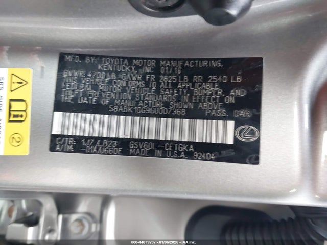 Aukcja sprzedaży 2016 Lexus Es 350, vin: 58ABK1GG9GU007368, numer aukcji: 44079207