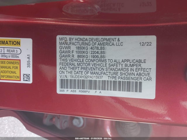 Продажа на аукционе авто 2023 Acura Integra A-spec, vin: 19UDE4H32PA015937, номер лота: 44079346