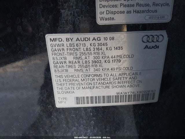 Aukcja sprzedaży 2009 Audi Q7 3.6 Premium, vin: WA1AY74LX9D026163, numer aukcji: 44079437