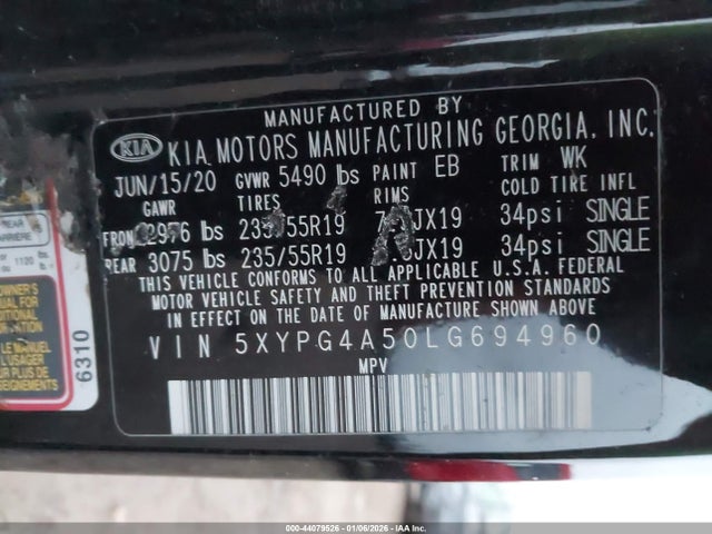 Aukcja sprzedaży 2020 Kia Sorento 3.3l S, vin: 5XYPG4A50LG694960, numer aukcji: 44079526
