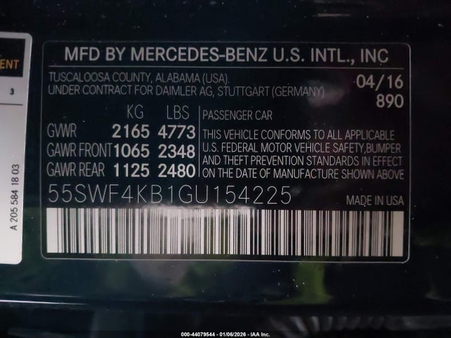 44079544 :رقم المزاد ، 55SWF4KB1GU154225 vin ، 2016 Mercedes-benz C 300 4matic مزاد بيع