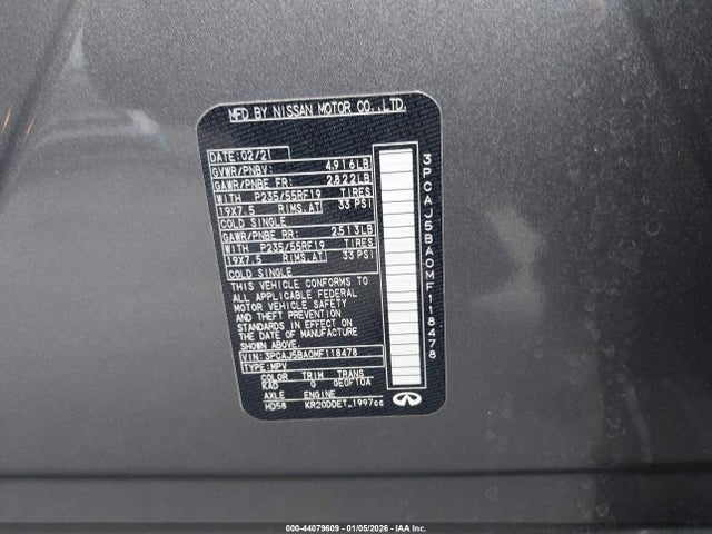 Продажа на аукционе авто 2021 Infiniti Qx50 Luxe, vin: 3PCAJ5BA0MF118478, номер лота: 44079609