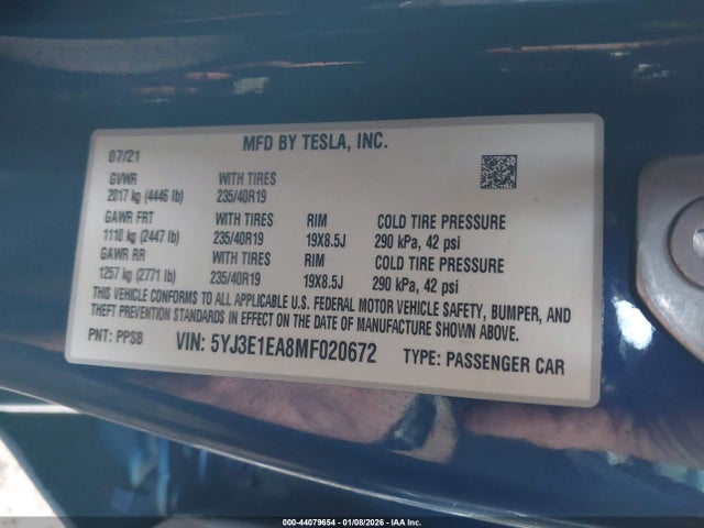 2021 TESLA MODEL 3 5YJ3E1EA8MF020672 Photo 8