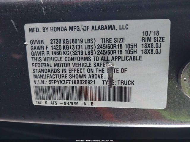 5FPYK3F71KB020921 Honda Ridgeline Rtl-e