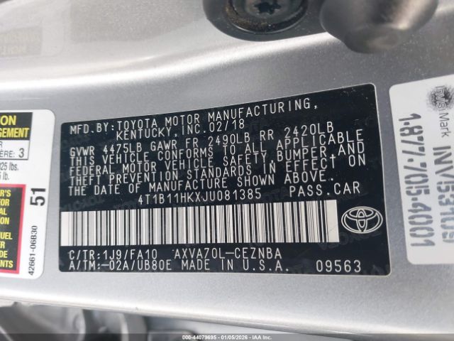 2018 TOYOTA CAMRY 4T1B11HKXJU081385 Photo 8