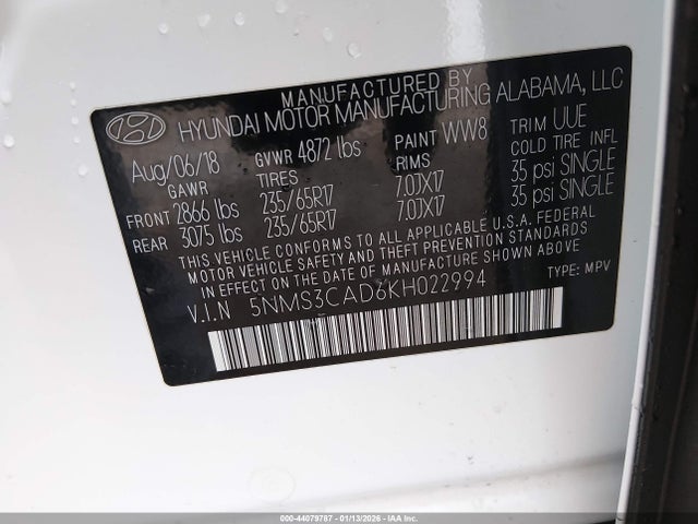 Auction sale of the 2019 Hyundai Santa Fe Sel, vin: 5NMS3CAD6KH022994, lot number: 44079787