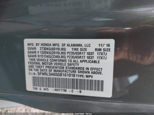 5FNRL5H65GB161010 Honda Odyssey Ex-l