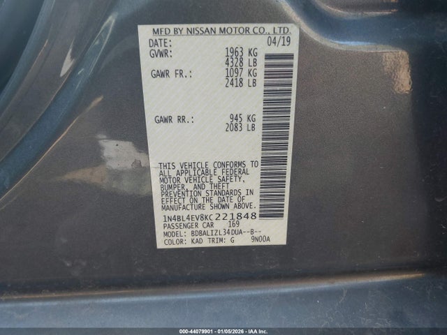 Продажа на аукционе авто 2019 Nissan Altima 2.5 Sl, vin: 1N4BL4EV8KC221848, номер лота: 44079901