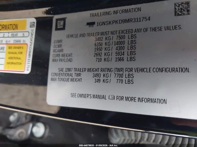 Aukcja sprzedaży 2021 Chevrolet Tahoe 4wd Z71, vin: 1GNSKPKD9MR311754, numer aukcji: 44079920
