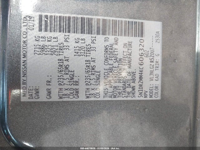 5N1DR2MM4KC606320 Nissan Pathfinder Sl