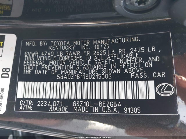 Aukcja sprzedaży 2025 Lexus Es 350, vin: 58ADZ1B11SU215003, numer aukcji: 44080004