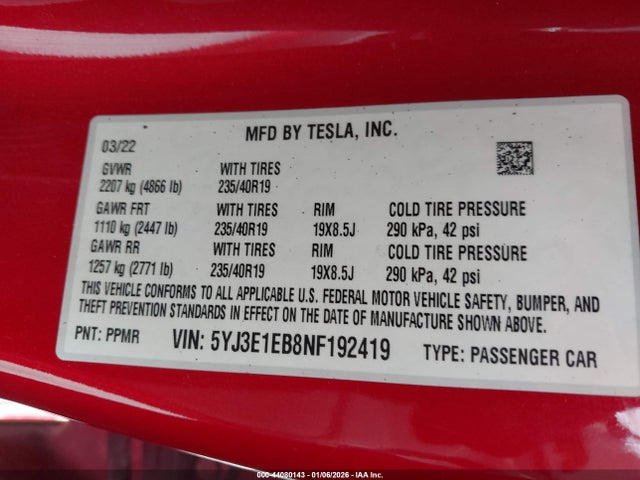 44080143 :رقم المزاد ، 5YJ3E1EB8NF192419 vin ، 2022 Tesla Model 3 Long Range Dual Motor All-wheel Drive مزاد بيع