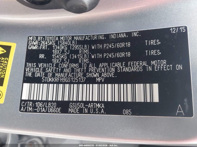 5TDKKRFH9GS125137 Toyota Highlander Xle V6