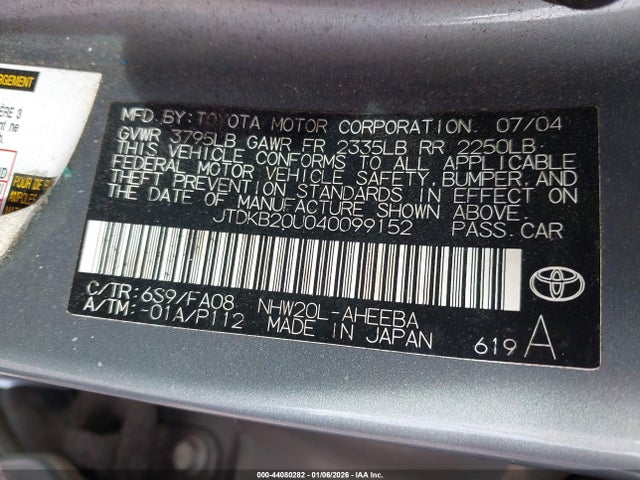 2004 Toyota Prius მანქანა იყიდება აუქციონზე, vin: JTDKB20U040099152, აუქციონის ნომერი: 44080282