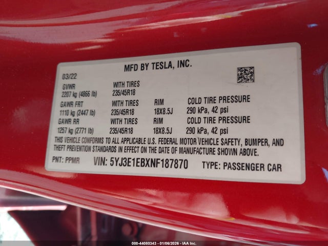 2022 TESLA MODEL 3 5YJ3E1EBXNF187870 Photo 8