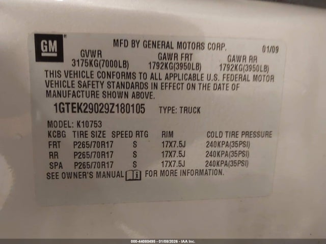 2009 Gmc Sierra 1500 Sle მანქანა იყიდება აუქციონზე, vin: 1GTEK29029Z180105, აუქციონის ნომერი: 44080495