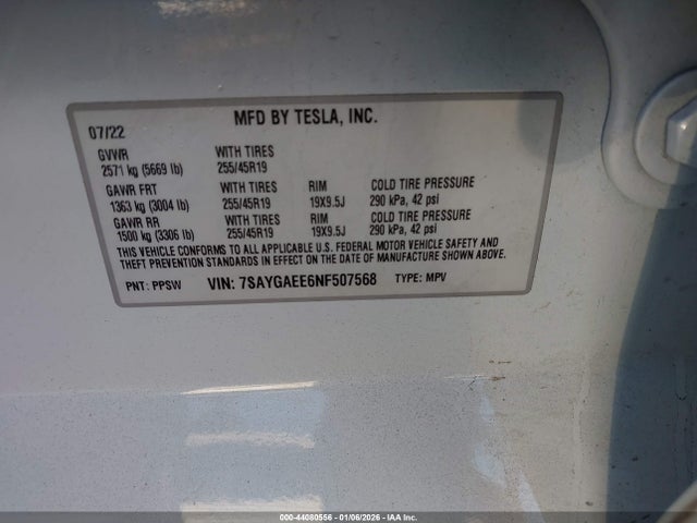 Продажа на аукционе авто 2022 Tesla Model Y Long Range Dual Motor All-wheel Drive, vin: 7SAYGAEE6NF507568, номер лота: 44080556