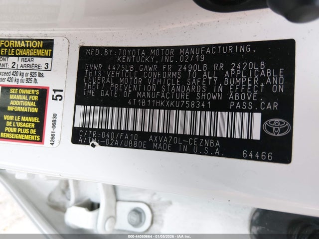 4T1B11HKXKU758341 Toyota CAMRY LE