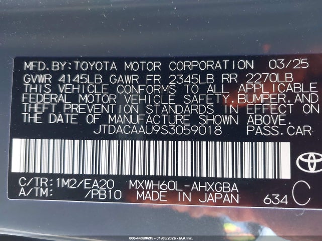 Aukcja sprzedaży 2025 Toyota Prius Xle, vin: JTDACAAU9S3059018, numer aukcji: 44080695