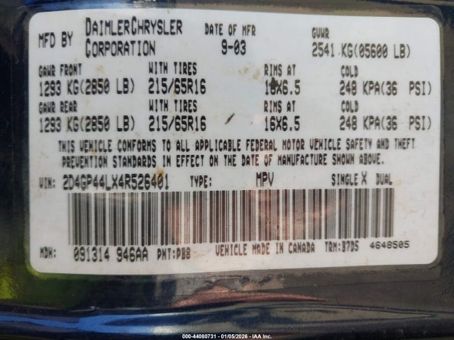 Продажа на аукционе авто 2004 Dodge Grand Caravan Sxt, vin: 2D4GP44LX4R526401, номер лота: 44080731