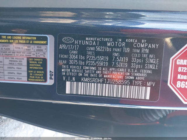 KM8SRDHF1JU258595 Hyundai Santa Fe Limited Ultimate