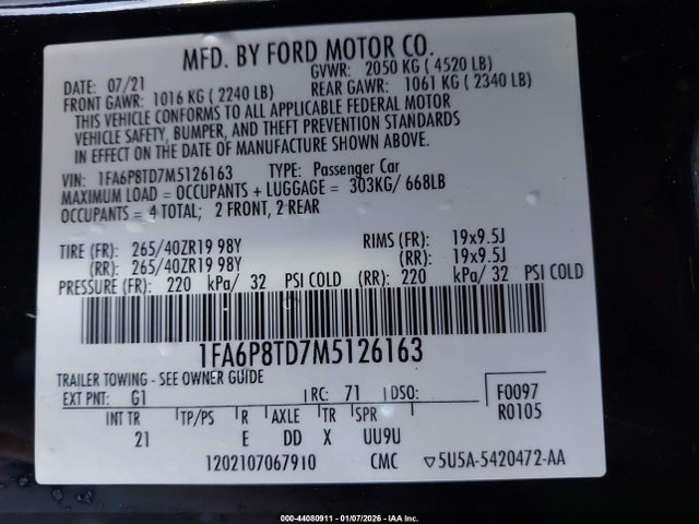 1FA6P8TD7M5126163 Ford Mustang Ecoboost Fastback