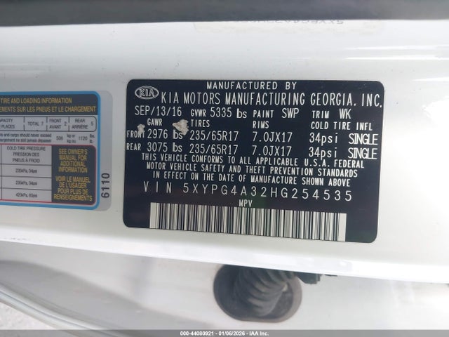 5XYPG4A32HG254535 KIA Sorento 2.4l Lx