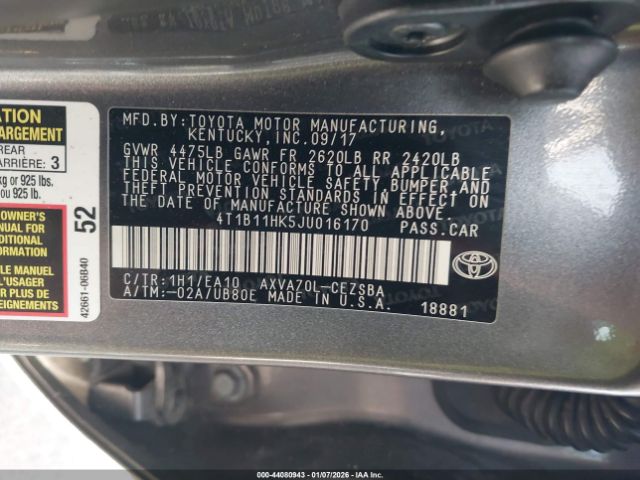 2018 TOYOTA CAMRY 4T1B11HK5JU016170 Photo 8