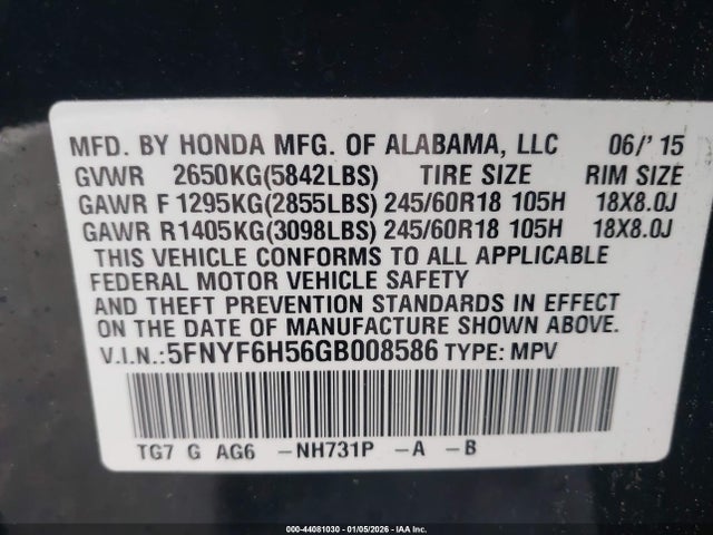 5FNYF6H56GB008586 Honda Pilot Ex-l