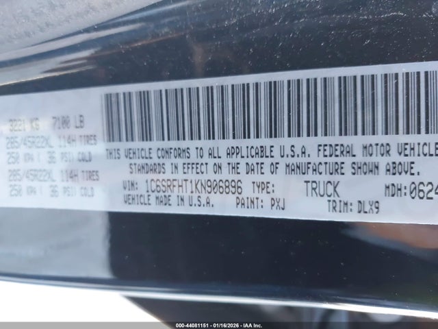 2019 Ram 1500 Limited  4x4 5'7 Box მანქანა იყიდება აუქციონზე, vin: 1C6SRFHT1KN906896, აუქციონის ნომერი: 44081151