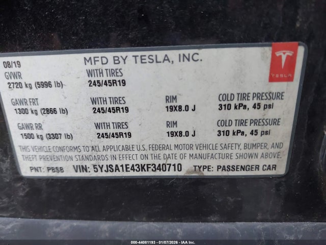 44081193 :رقم المزاد ، 5YJSA1E43KF340710 vin ، 2019 Tesla Model S 100d/long Range/p100d/performance مزاد بيع