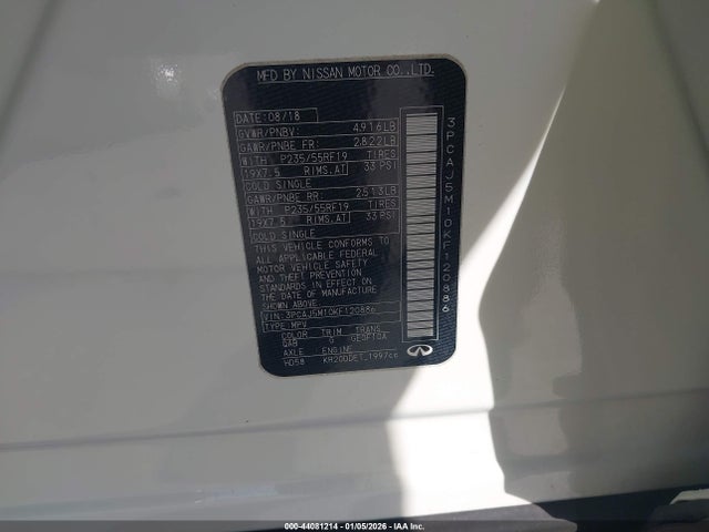 44081214 :رقم المزاد ، 3PCAJ5M10KF120886 vin ، 2019 Infiniti Qx50 Luxe مزاد بيع