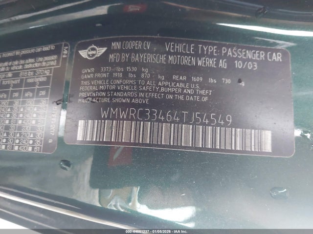 2004 MINI COOPER WMWRC33464TJ54549 Photo 8