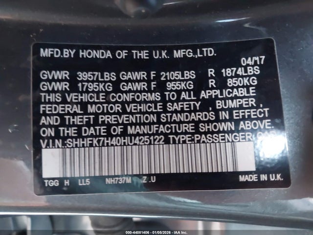 SHHFK7H40HU425122 Honda Civic Sport