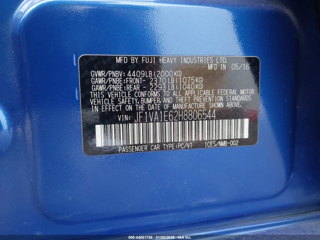 Продажа на аукционе авто 2017 Subaru Wrx Premium, vin: JF1VA1E62H8806544, номер лота: 44081758
