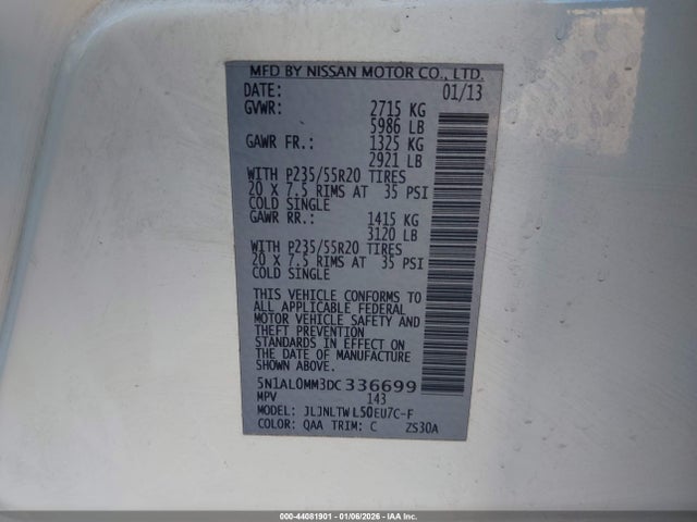 Продажа на аукционе авто 2013 Infiniti Jx35, vin: 5N1AL0MM3DC336699, номер лота: 44081901