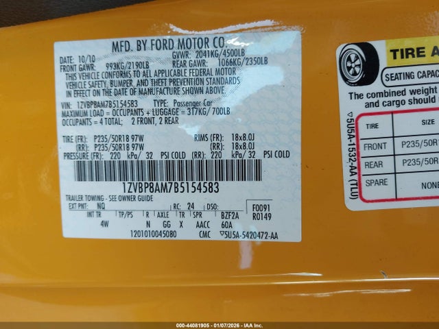 2011 FORD MUSTANG 1ZVBP8AM7B5154583 Photo 8