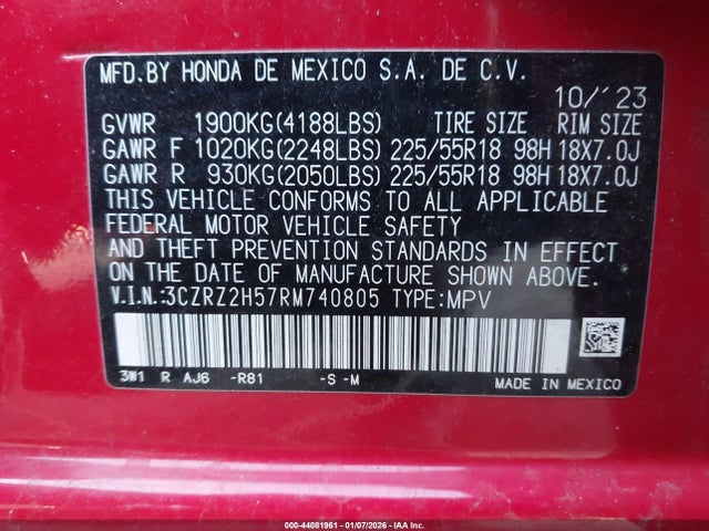 44081961 :رقم المزاد ، 3CZRZ2H57RM740805 vin ، 2024 Honda Hr-v Awd Sport/awd Sport W/o Bsi مزاد بيع