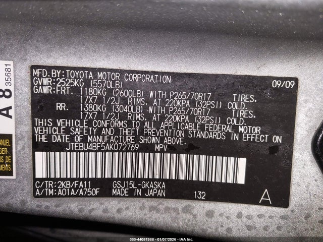Aukcja sprzedaży 2010 Toyota Fj Cruiser, vin: JTEBU4BF5AK072769, numer aukcji: 44081988