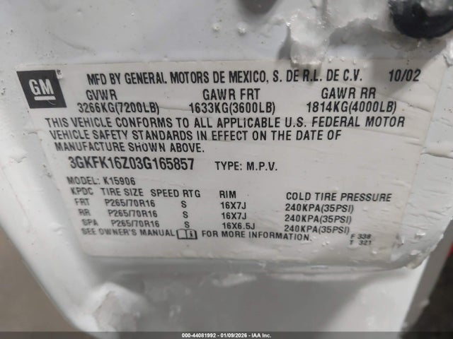 44081992 :رقم المزاد ، 3GKFK16Z03G165857 vin ، 2003 Gmc Yukon Xl 1500 Slt مزاد بيع