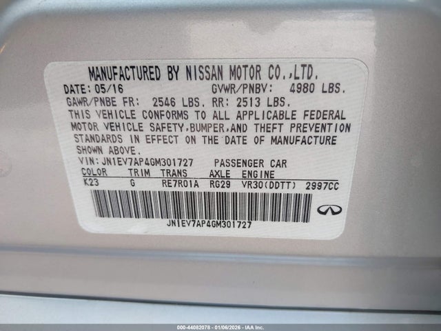 44082078 :رقم المزاد ، JN1EV7AP4GM301727 vin ، 2016 Infiniti Q50 3.0t Sport مزاد بيع